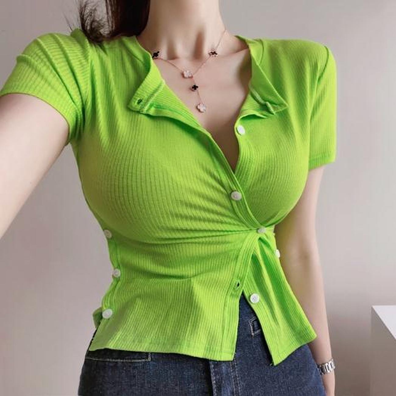 韩国代购正品短袖紧身开襟衬衫女夏季小衫修身收腰短款不规则上衣|ruв категории Женская одежда, рубашка - от Buy2taobao.com для оказания профессиональной услуги покупки агента Taobao
