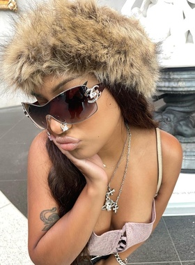 y2kslut欧美ins外贸辣妹秋冬新款狐狸毛毛仿兔毛发带空顶帽女冬