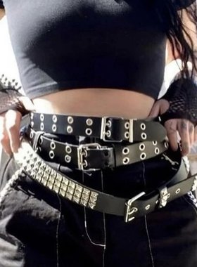 包邮欧美外贸cybery2k亚文化朋克个性哥特PU四方珠铆钉皮带腰带女