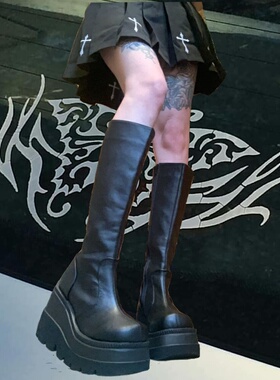 欧美外贸跨境INS复古美式辣妹y2k哥特朋克厚底及膝增高大头高筒靴