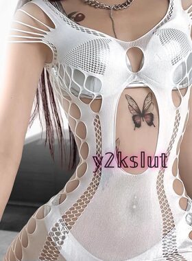 y2kslut欧美小众辣妹性感渔网镂空破洞短裙紧身包臀打底连衣裙