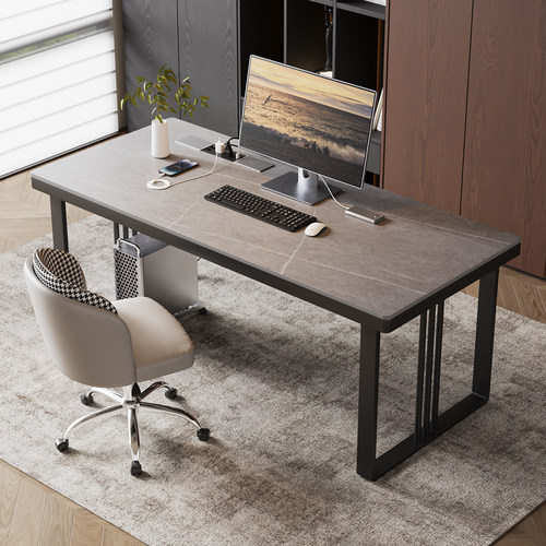 带排插岩板电脑桌家用书房工作台办公桌卧室学习书桌稳固现代简约