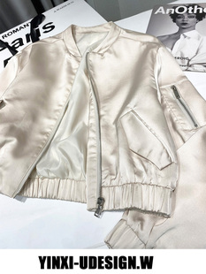 小众大牌风仿绸缎亮面棒球服缎面醋酸飞行员夹克外套短款拉链开衫