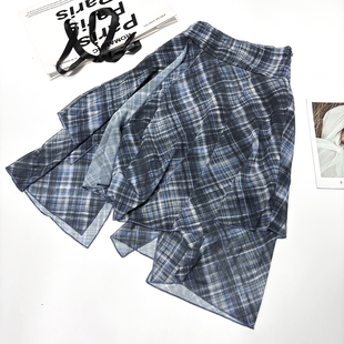 小众大牌度假风不对称拼色格纹中长裙格子图案不规则高腰半身裙女