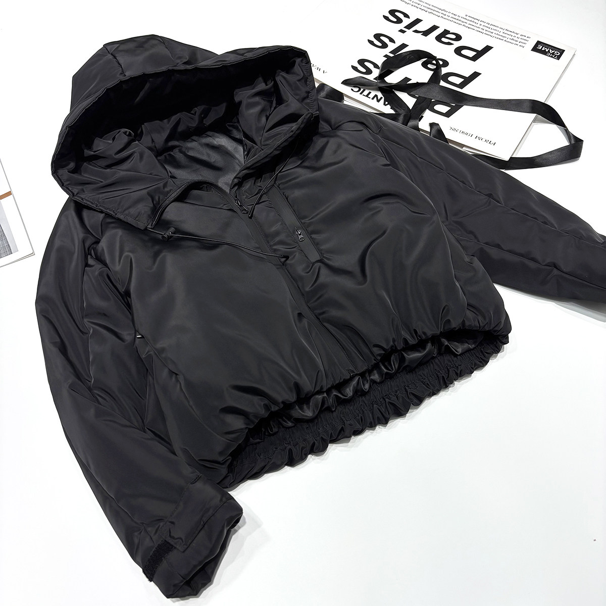 ins街拍小众黑色机能风连帽高腰棉服短款收腰加厚百搭棉衣外套女