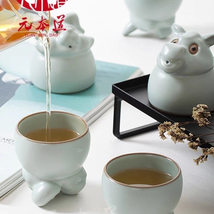 元本道属相杯可爱猪 汝窑开片茶宠主人杯 高端汝瓷陶瓷茶杯