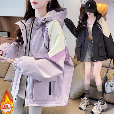 2025秋冬新款大码女装胖mm撞色夹棉加厚宽松显瘦连帽冲锋衣外套女