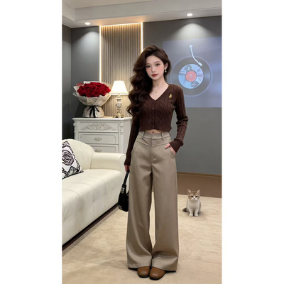 卡其复古老钱风阔腿西装裤女