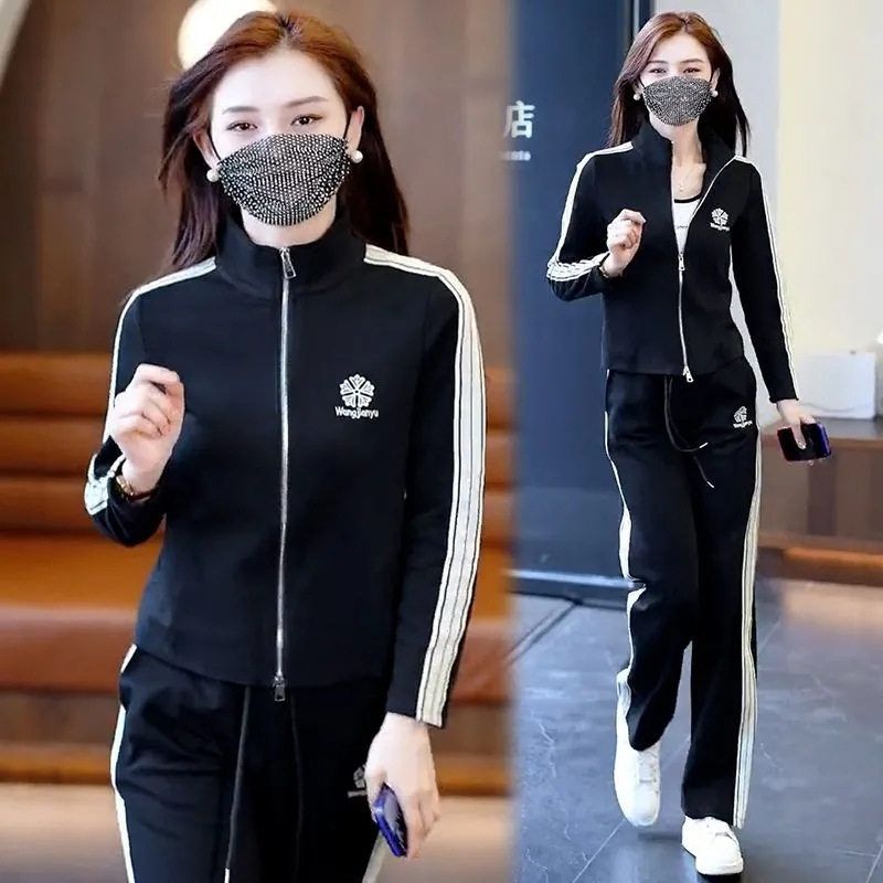 中年妈妈休闲运动套装女士春秋新款时尚气质立领外套阔腿裤两件套