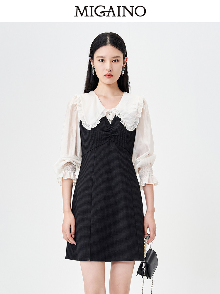 Migaino曼娅奴优雅连衣裙女2023夏季新款娃娃领法式拼接长袖短裙