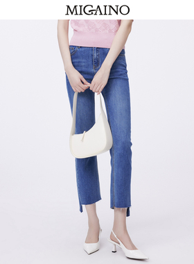 Migaino曼娅奴高腰牛仔裤女2024春夏新款显瘦九分微喇裤MO12NC031