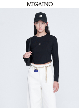 Migaino曼娅奴长袖T恤女2023春季新款黑色圆领短款上衣MN12RC015