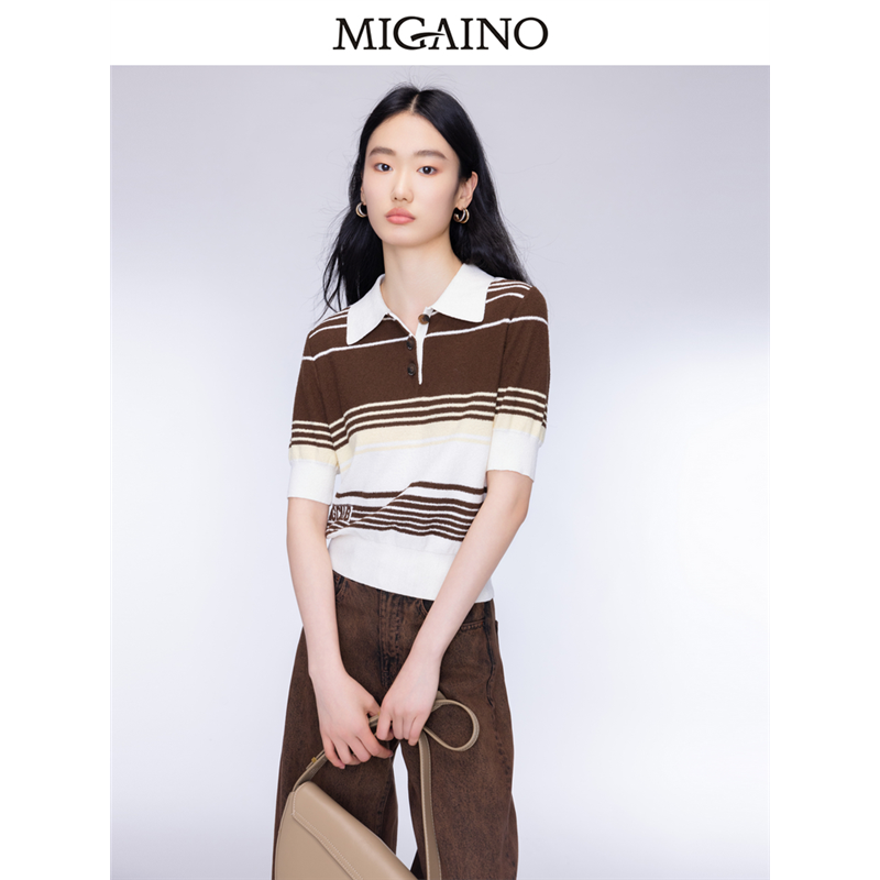 Migaino曼娅奴女装2024年秋新款Polo领休闲条纹针织上衣MO32KW220