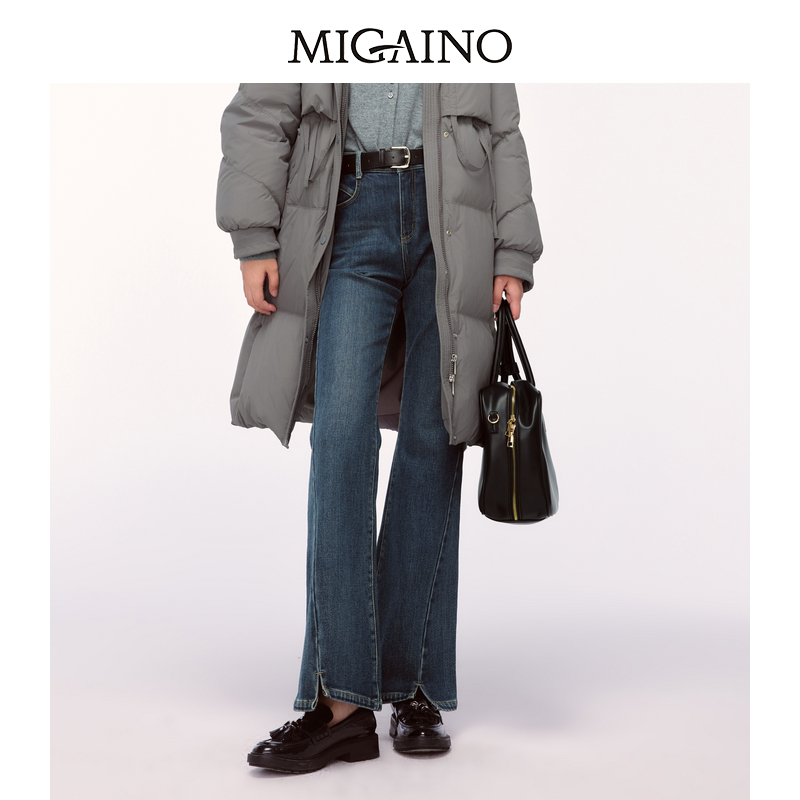 Migaino曼娅奴女装2024年冬季新款薄绒拖地微喇牛仔裤MO42NR020