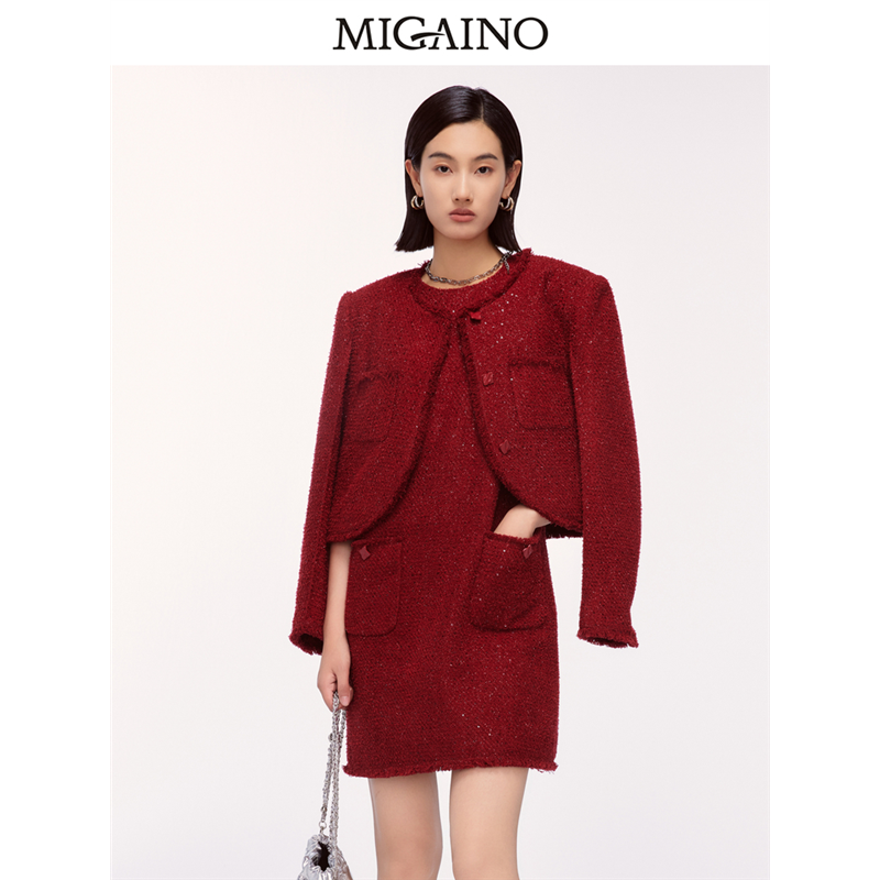 Migaino曼娅奴女装2024年冬新款新年红色时髦小香风外套MO42SC003,女装/女士精品,毛呢外套,淘宝优惠券,粉丝福利购,淘宝优惠卷