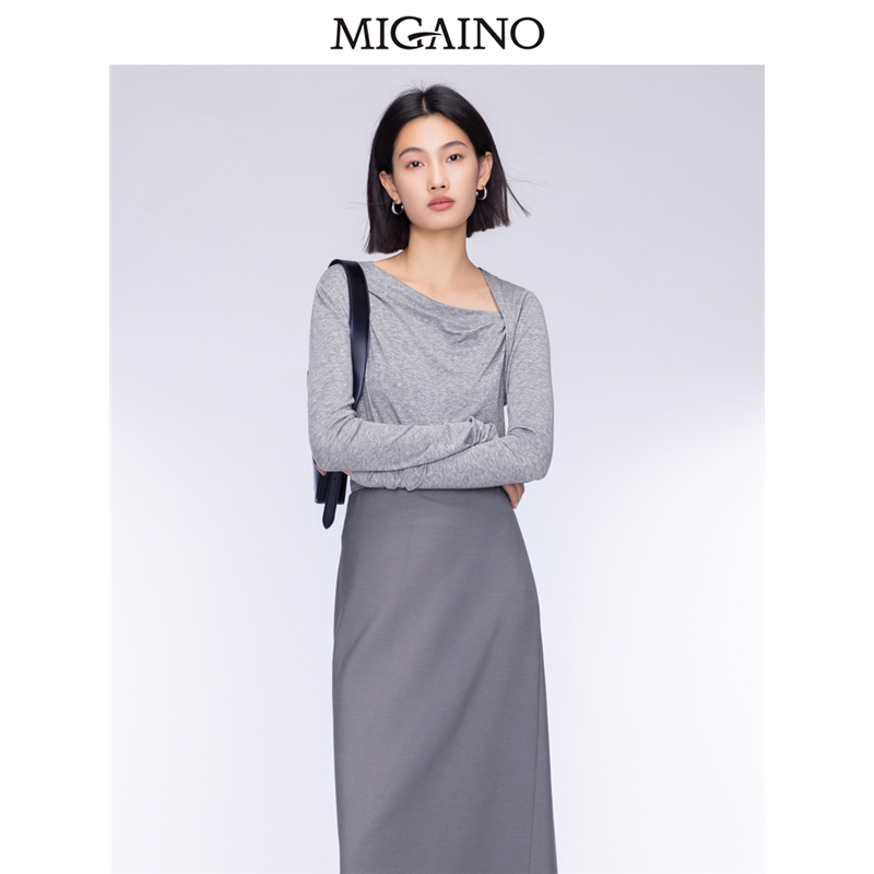 【商场同款】Migaino曼娅奴新款修身显瘦黑色长袖上衣女MO32RC017