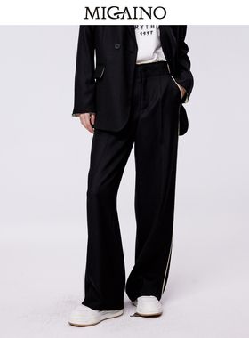 Migaino曼娅奴高腰休闲裤女2023秋冬新款宽松直筒羊毛裤MN42BC031