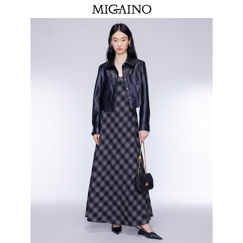 Migaino曼娅奴女装2024年秋秋季款设计感格纹吊带连衣裙MO32DD064