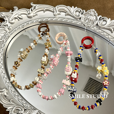 电话兔子合金粉色创意串珠手机链包挂件钥匙扣INS圆环短水晶手腕