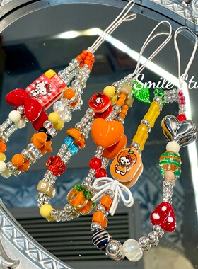 暖橘橙色INS短款高级陶瓷KT甜美钥匙扣挂绳挂链手机链闺蜜CCD相机