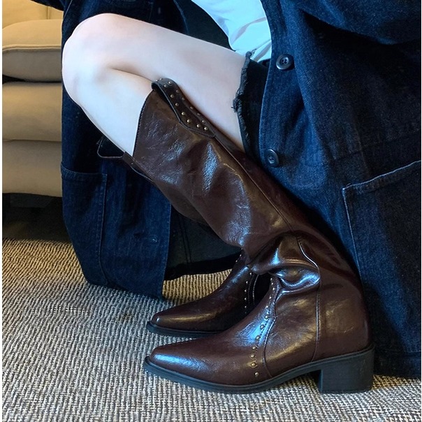 骑士靴V口铆钉尖头长筒靴秋新款