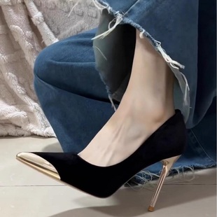 轻奢黑色绒面高跟鞋女细跟2025新款秋冬宴会气质御姐浅口尖头单鞋