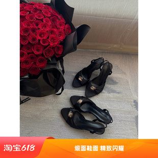 中古小黑鞋百搭缎面高跟鞋珍珠镶嵌工艺细跟鞋凉鞋女2026夏季新款