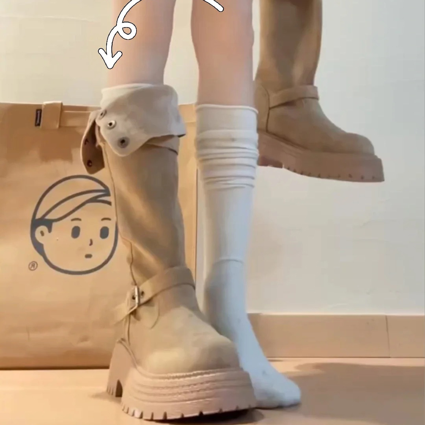 厚底复古皮带扣两穿长筒靴秋新款