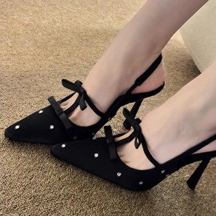 2025新款 女款 夏季 细跟尖头单鞋 黑色包头法式 玛丽珍高跟鞋 绝美凉鞋