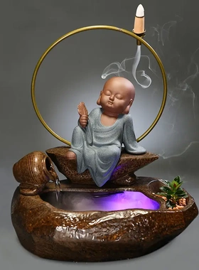 陶瓷小和尚微景观流水摆件中式
