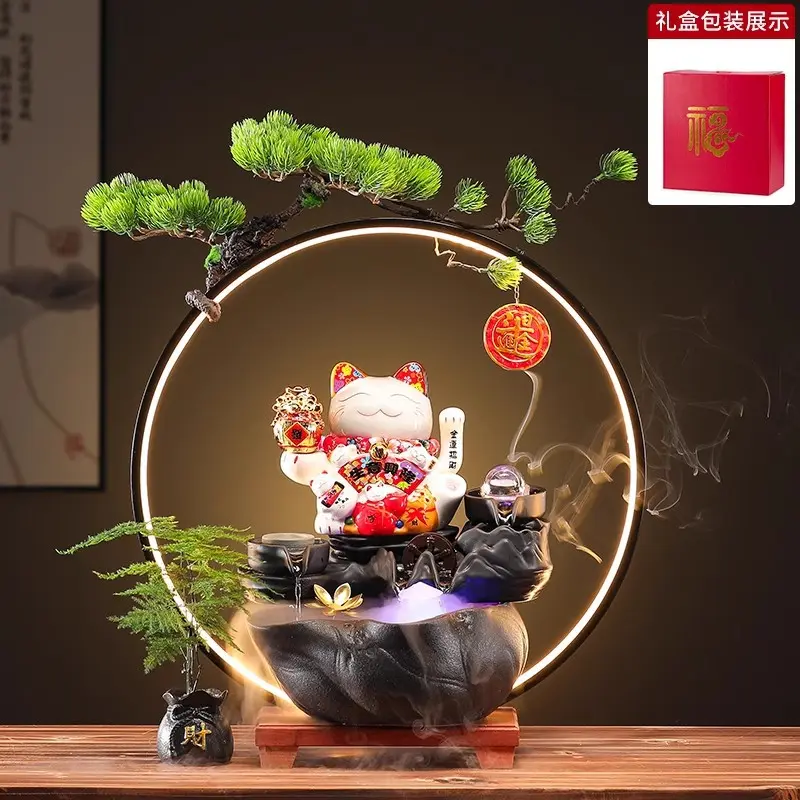 新中式招财猫流水摆件循环水前台