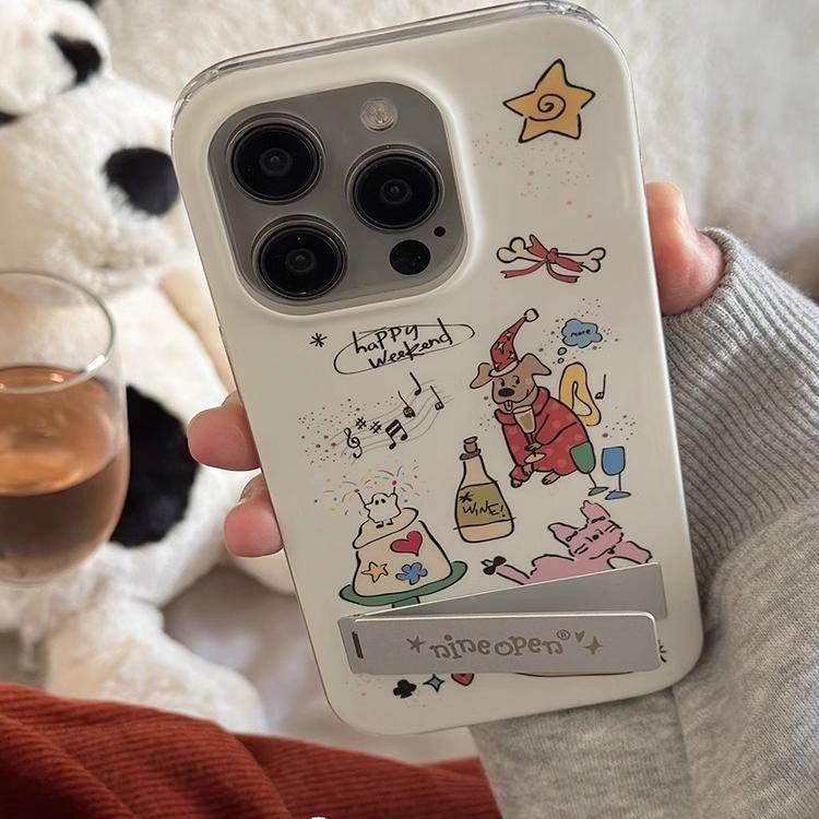 ins风可爱小狗派对折叠隐藏支架韩系适用苹果15ProMax手机壳iPhone13全包15新款12软14Promax保护套14防摔