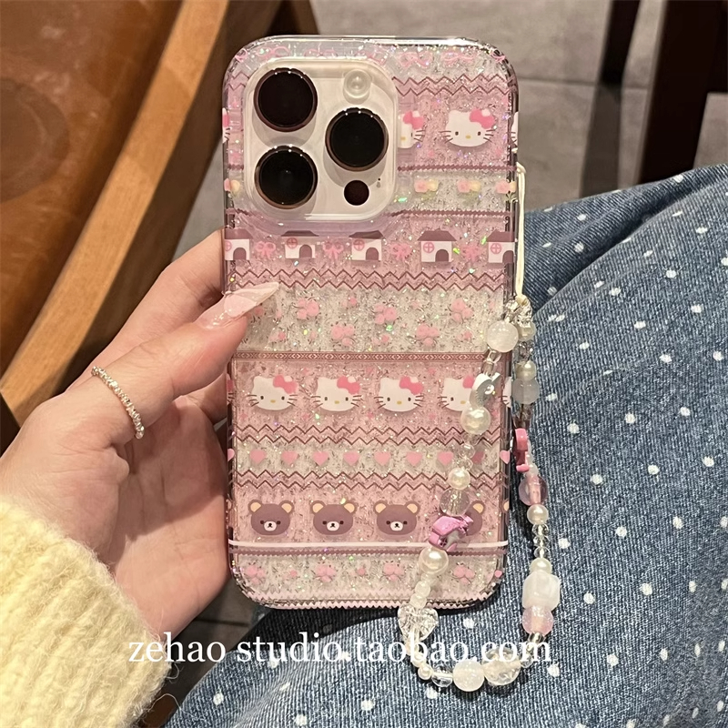 韩系ins可爱闪粉费尔岛kitty14适用iphone16promax苹果16pro手机壳苹果16双层印花13软15Promax保护套