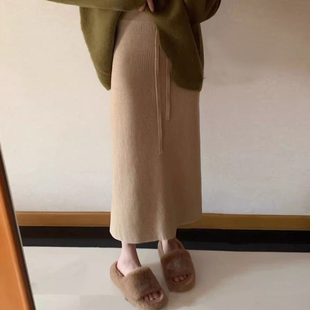 秋冬韩版仿水貂一体绒针织半身裙女加厚高腰中长裙开叉A字直筒裙
