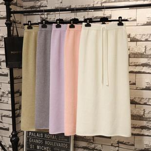 秋冬季仿水貂绒加厚针织半身裙女高腰毛线中长裙一体绒开叉直筒裙