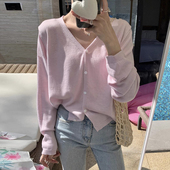 女薄款 韩系宽松慵懒风v领针织开衫 外套纯色外搭显瘦上衣 新款 春季