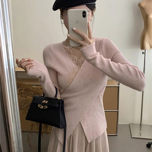 ins洋气交叉蕾丝边打底针织衫女
