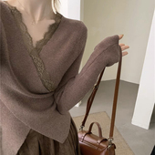 女v领交叉蕾丝内搭打底上衣设计感修身 秋冬新款 ins洋气针织衫 毛衣