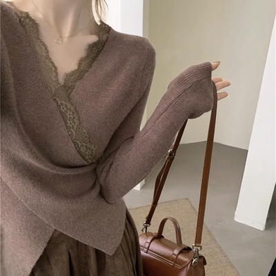 洋气v领交叉高级感蕾丝针织衫女