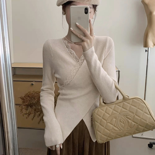 交叉蕾丝修身打底内搭针织衫