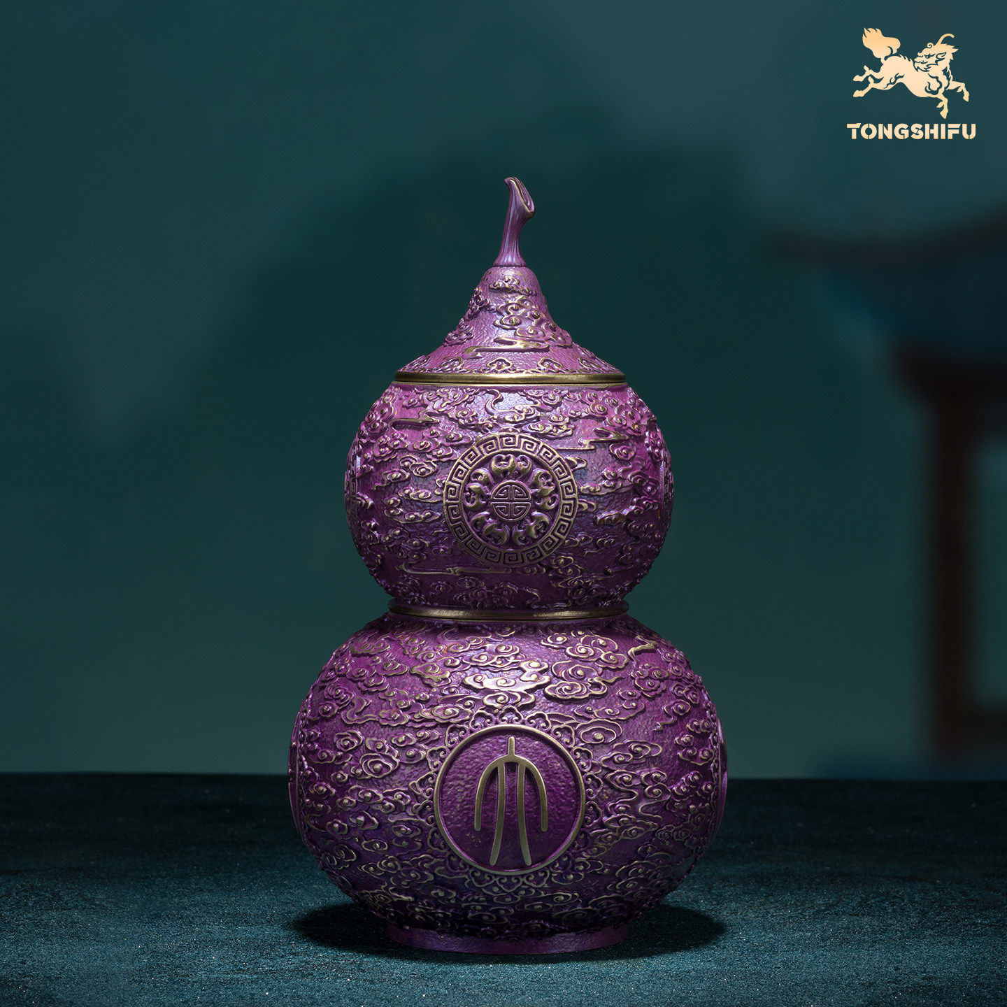 铜师傅《紫气东来双层茶叶罐》客厅桌面葫芦铜摆件 家居工艺品
