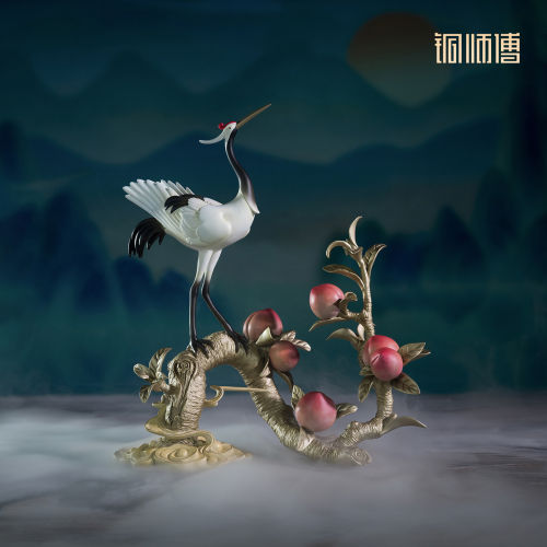 铜师傅中式黄铜鹤桃同春摆件