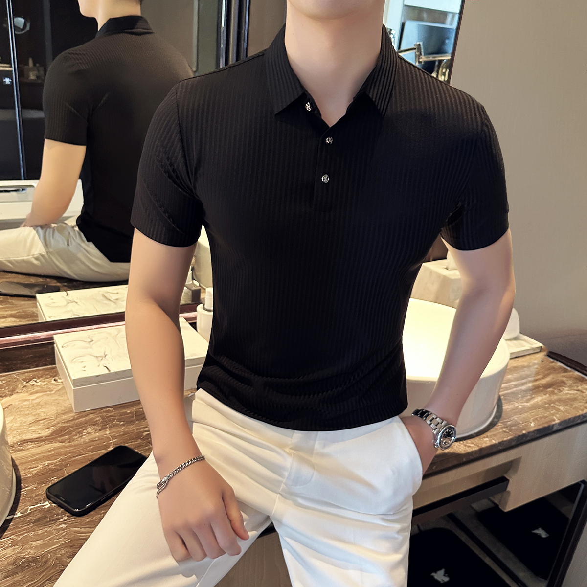 高级感polo衫男短袖潮牌冰丝薄款翻领t恤条纹潮流修身体恤高弹力