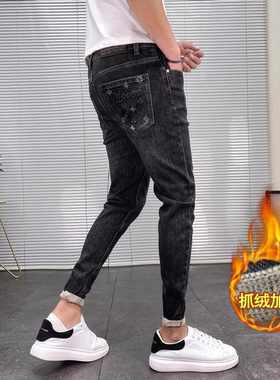 冬季牛仔裤男潮流口袋印花修身小脚韩版百搭长裤抓绒加厚百搭帅气