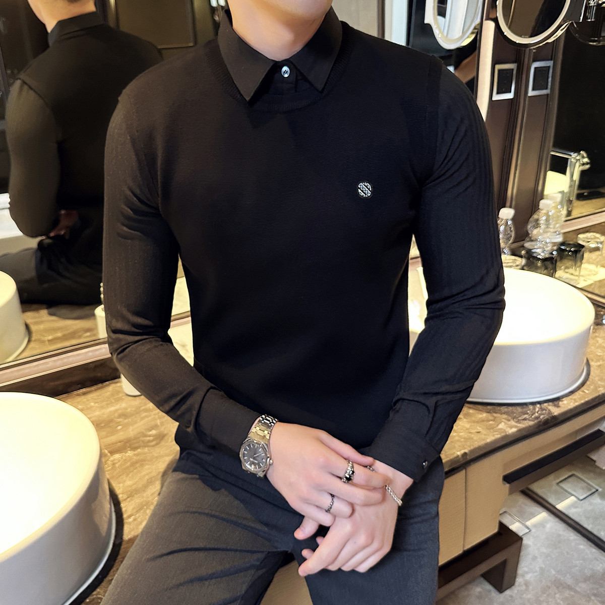 高级感毛衣男衬衫领假两件加绒内搭衬衣领潮流修身打底针织衫带领