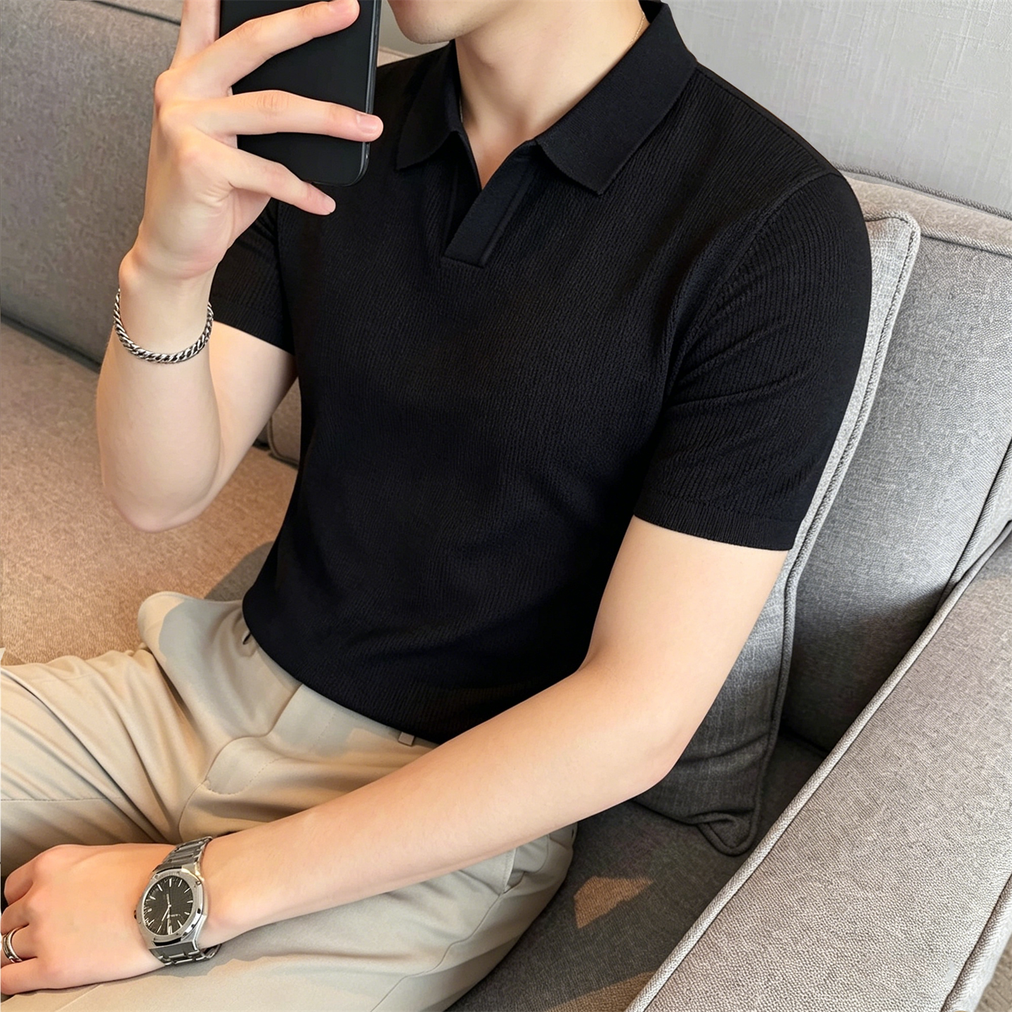 针织polo衫男短袖夏季薄款个性潮流条纹韩版修身t恤翻领半袖帅气