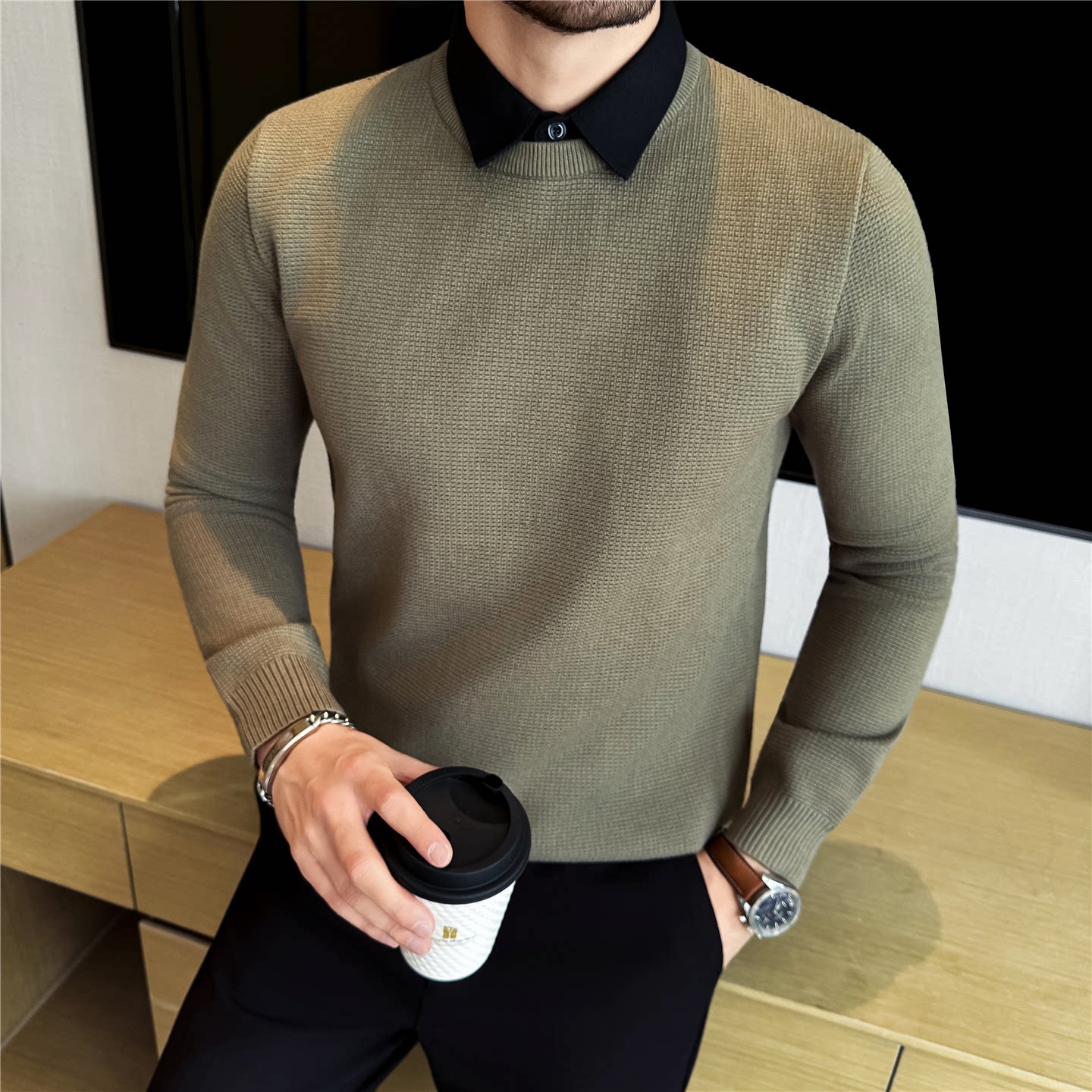 衬衫领毛衣男秋季假领潮牌修身韩版内搭假两件针织衫带领打底线衣