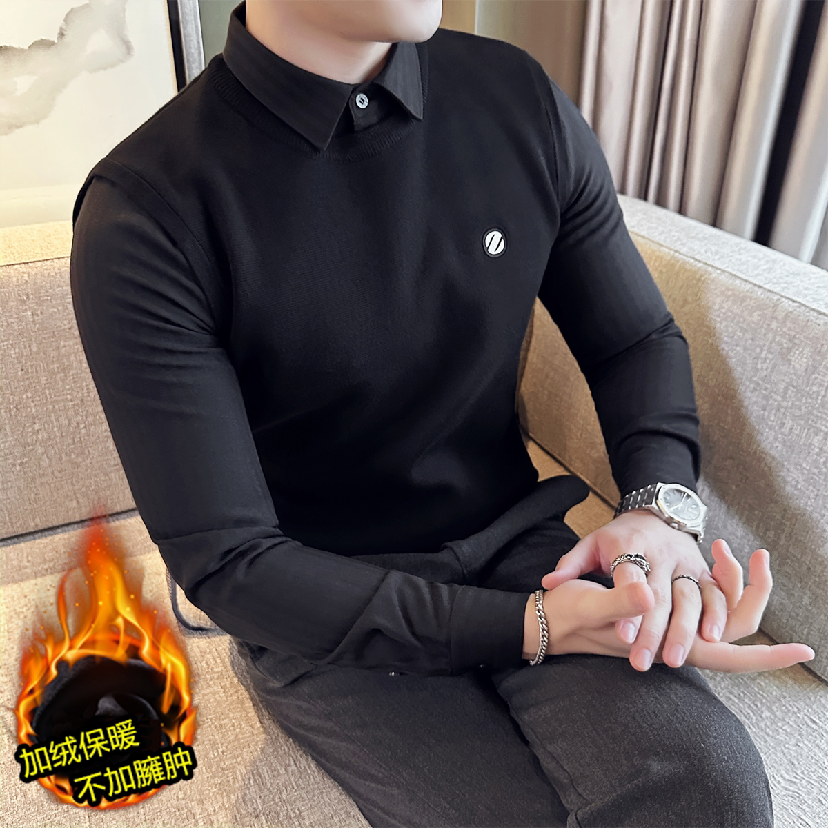 衬衫领毛衣男假两件秋冬加绒条纹衬衣领潮流修身打底针织衫有带领