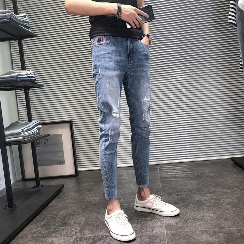破洞牛仔裤男九分裤薄款