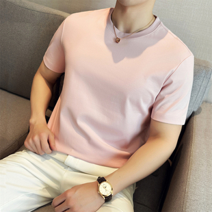 t恤男圆领休闲修身 半袖 韩版 纯色 粉色短袖 潮流夏季 浅粉色体恤净版
